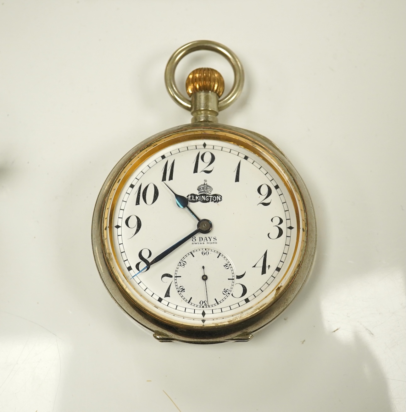 A George V Brittania standard silver two handled cup, Thomas Bradbury & Sons, Sheffield, 1922, height 49mm, two associated sections of a travelling watch case, with an Elkington nickel cased pocket watch, an Edwardian en